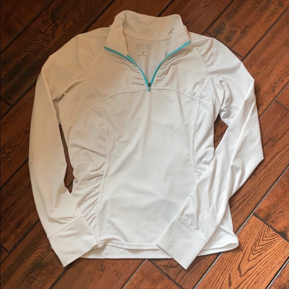 Athleta white quarter zip w/teal accent si…